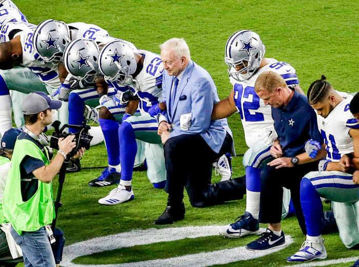 Jerry Jones, who kneeled with his players before, but not during, the anthem in 2017, said he hopes to reach a compromise with them this year.